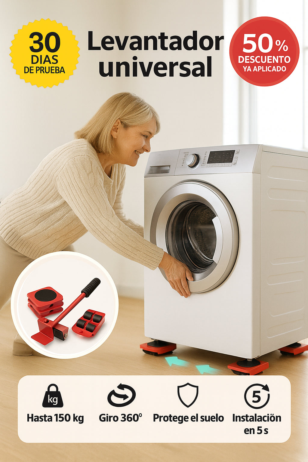 MuebleLift™ – Mueve sofás y neveras sin dolor, sin rayar el suelo y limpiando en menos tiempo (+ Set de 5 Piezas + más de 150kg + Envío Gratis)