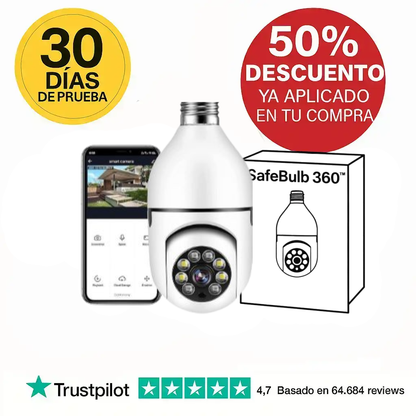 SafeBulb 360™ – Vigila a tu familia, mascotas y pertenencias desde cualquier lugar de manera discreta  (Audio bidireccional, Camara HD nocturna, soporte techo incluido y sensores de aviso a tu móvil) + Envío GRATIS