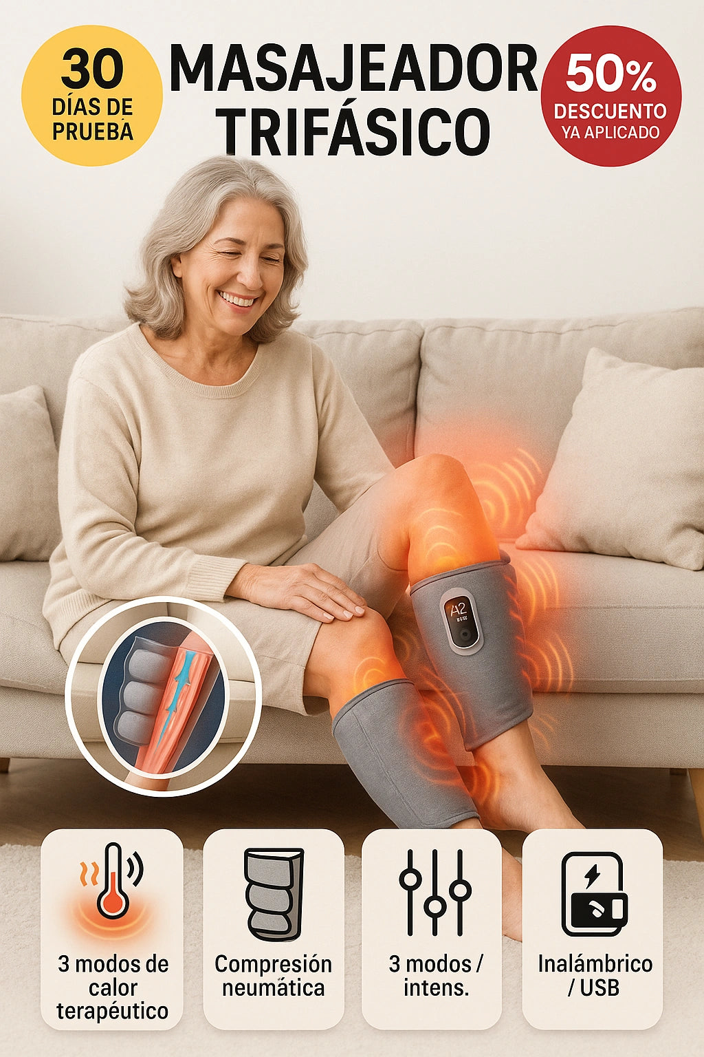 PresoRelax™ - Terapia de calor, vibración y presión que elimina la hinchazon y apaga las puzandas con tan solo 7 minutos al día. (Incluye 3 modos diferentes y 3 niveles para cada modo. Incluye cargador) *Talla universal y es portátil