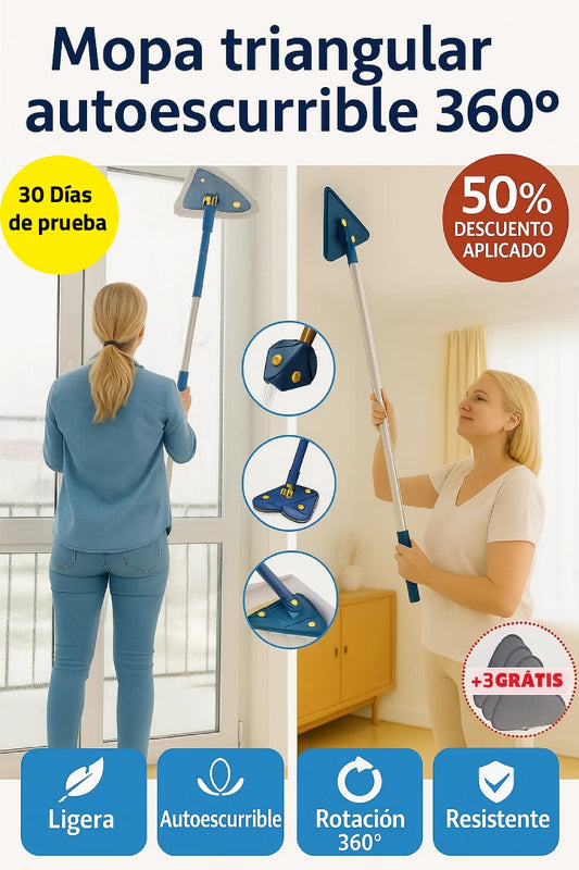 Mopup™ — La mopa triangular que se escurre sola, limpia techos, cristales y rincones sin escaleras ni esfuerzo (+ 3 recambios lavables GRATIS + envió GRATIS).