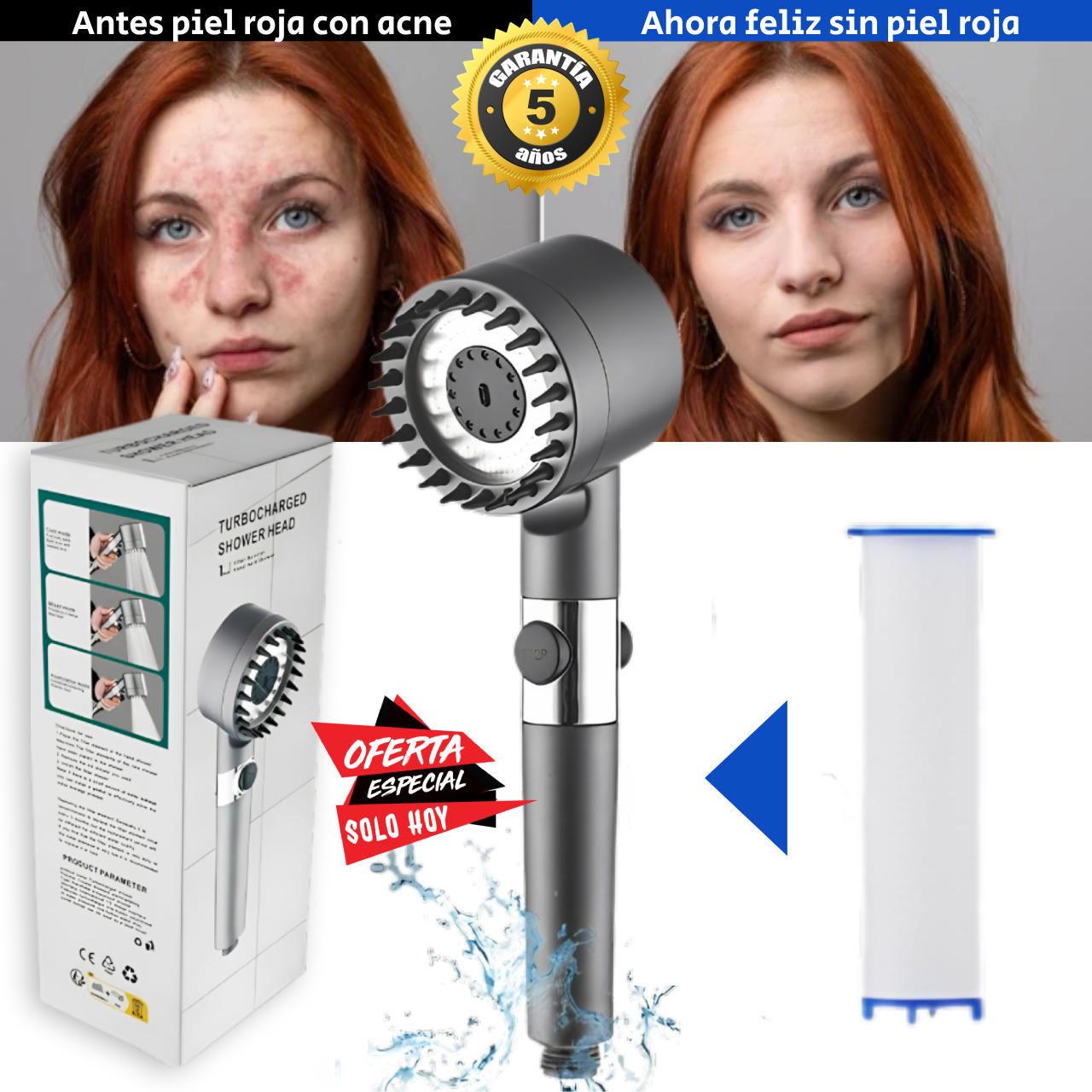 ULTRASHOWER ™ - El único cabezal de ducha que gracias a su filtro interno previene  y elimina casi al 100% todo tipo de rojeces en la piel (Incluye 3 tipos de presión).