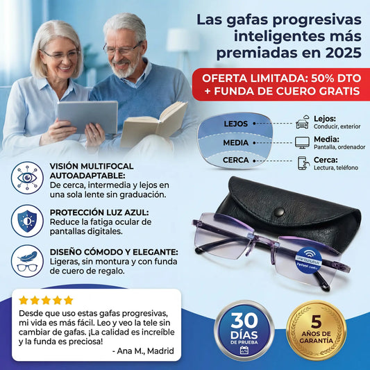 Gafas Blu Progresivas Inteligentes™ - Visión de cerca, intermedia y lejos en una sola gafa (No necesita graduación, incluye funda de cuero y PRUEBA GARANTIZADA de 30 DÍAS)