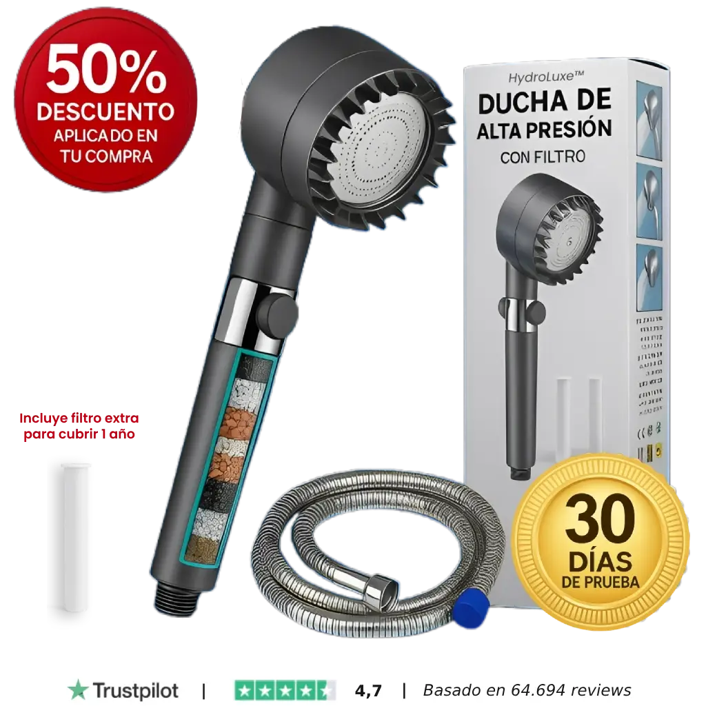 HYDROLUXE™ - Elimina el cloro y la cal de tu ducha. Y aumenta la presión ahorrando agua en cada uso. Incluye 1 filtro extra. (+Envío GRATIS).